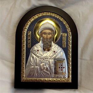 Prince Silvero Certified Greek Byzantine Saint Spyridon Icon Silver and Wood